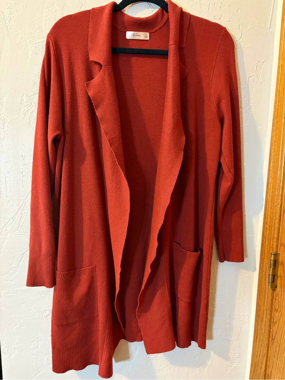 Peyton Primrose Rust Terracotta Open Front Long Cardigan Sweater with Pockets